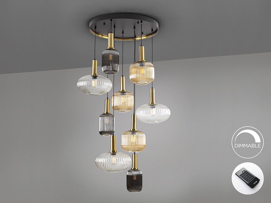 Schuller Lighting Pendants Norma 225090D  ·NORMA· LAMP 9L., BLACK/BRASS DIMM.