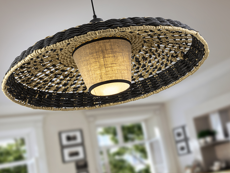 Schuller Lighting 1 Light Pendants Fiji 435216  FIJI - LAMP BLACK/NAT CORDED PAPER