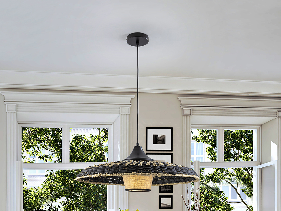 Schuller Lighting 1 Light Pendants Fiji 435216  FIJI - LAMP BLACK/NAT CORDED PAPER